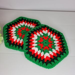 Vintage Handmade Crocheted Granny Potholders Holiday Christmas